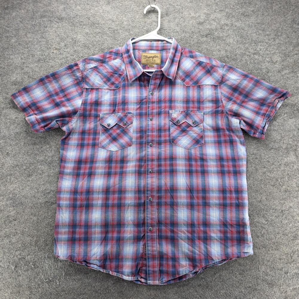 Wrangler Shirt Mens XL Blue Plaid Short Sleeve Snap Button Up Western Pockets